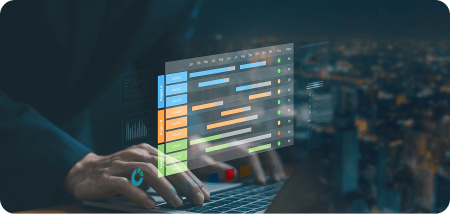 Hands typing with digital project management interface